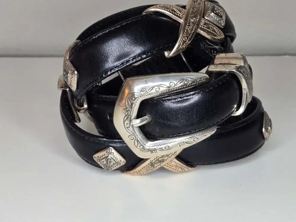Brighton Black Leather Western Belt - Silver Hardware & Criss-Cross Etched Links